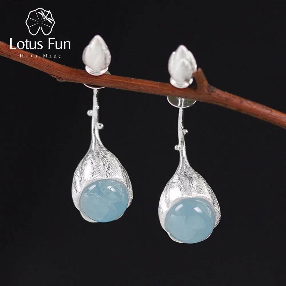 

Lotus Fun Real 925 Sterling Silver Natural Stone Handmade Designer Fine Jewelry Elegant Lotus Buds Dangle Earrings for Women