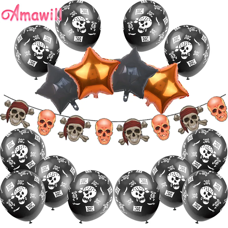 

Amawill Pirate Latex Balloons 18inch Star Foil Ballon Skull Paper Banner Birthday Horror Party Supplies Halloween Decoration 7D