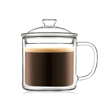 

400ml GLASS COFFEE MUGS Clear Double Wall Insulated Thermal Tea Cup with Lid New