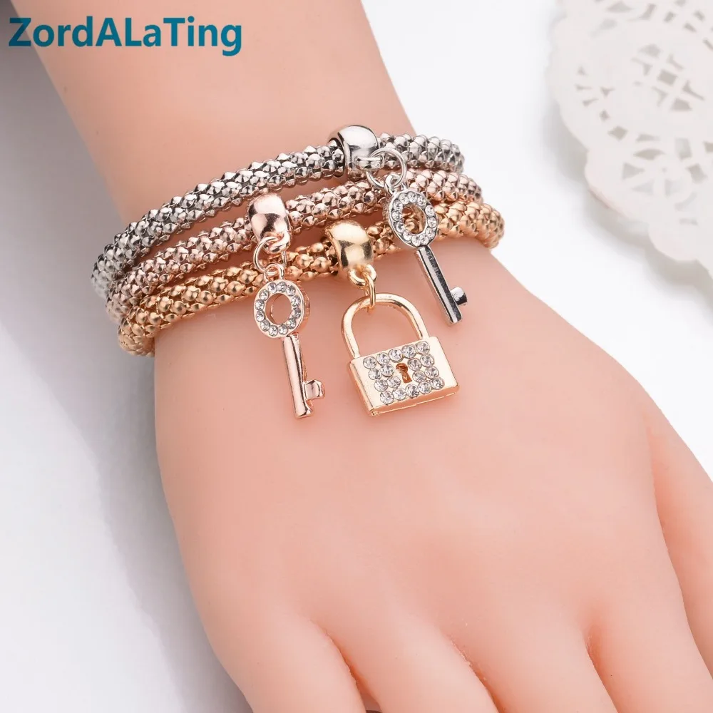 

golden silver rose golden 3 color sets rhinestone keys with lock style wholesale 3 in 1 Elasticity bracelets bangles for women