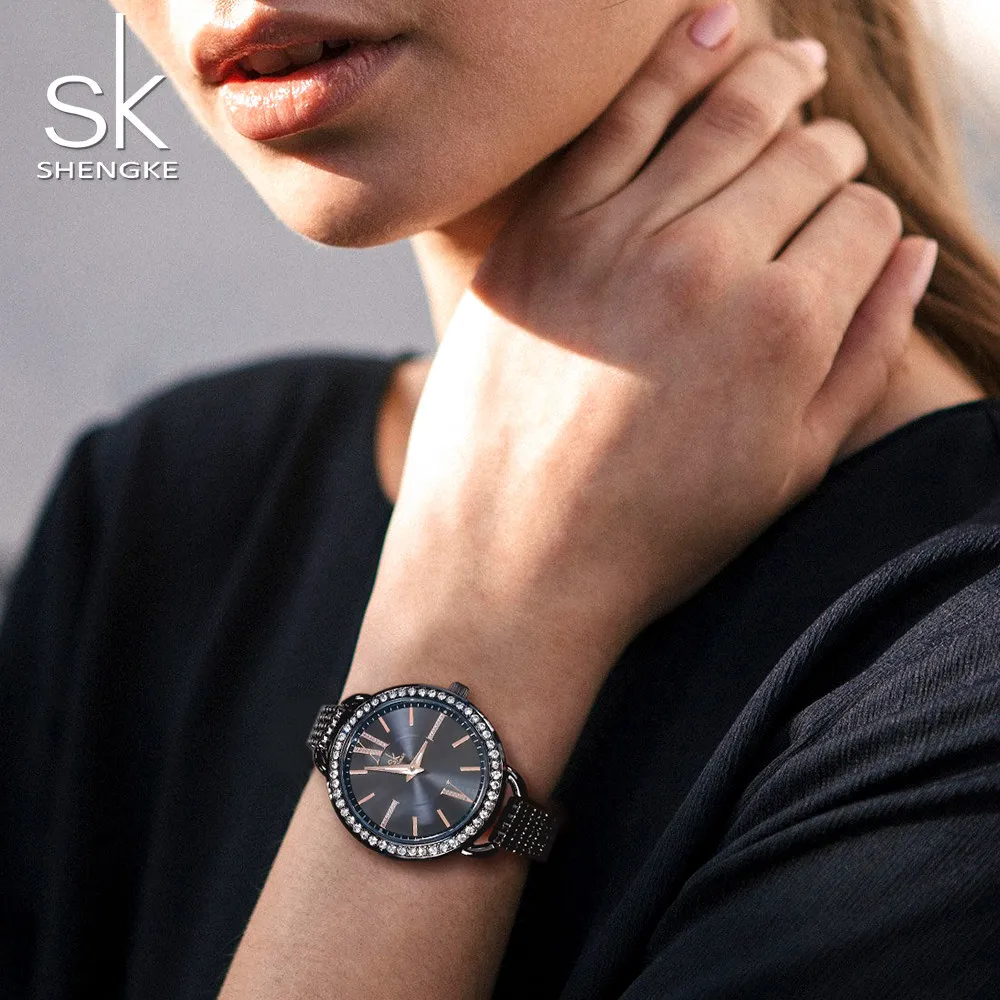 SHENGKE Classic Women Watches Black Steel Rhinestone Retro Elegant Lady Wristwatch Nail Strap Japan Movement Clock Jewelry Gift SHENGKE Classic Women Watches Black Steel Rhinestone Retro Elegant Lady Wristwatch Nail Strap Japan Movement Clock Jewelry Gift
