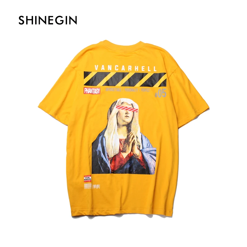

SHINEGIN Virgin mary t shirts funny men shirt hip hop streetwear loose t shirt urban street men casual fashion tops tee 319S