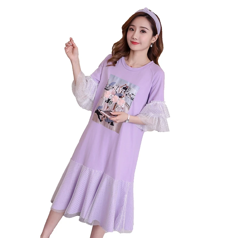 

New Korean version of pregnant women in the long three-dimensional flower pattern mesh stitching sleeve dress