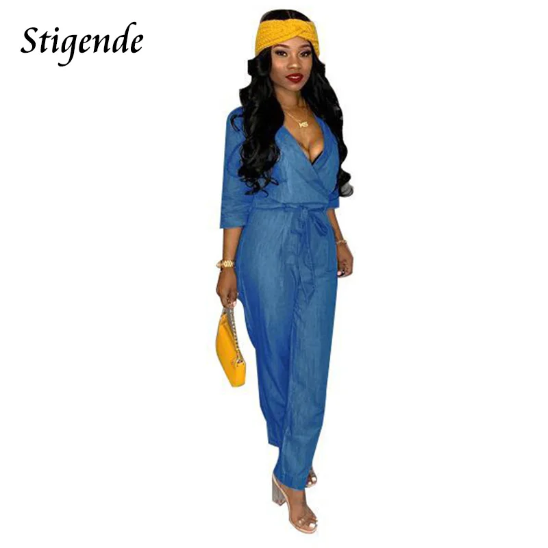 deep v denim jumpsuit