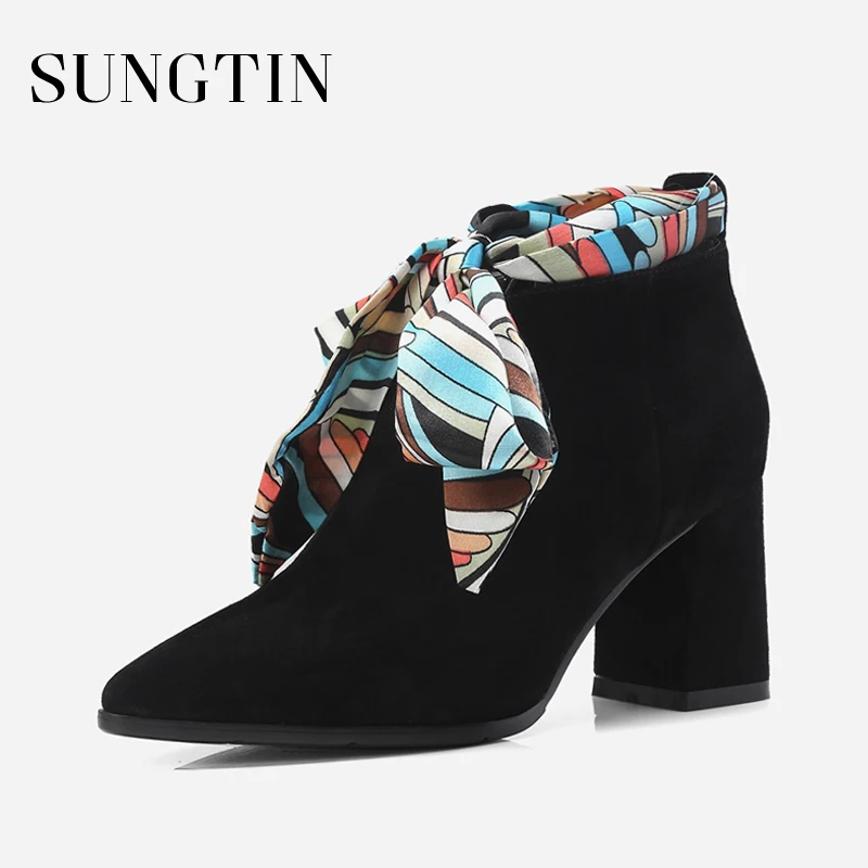 

Sungtin Fashion Black Pointed Toe High Heel Ankle Boots Women Square Heel Suede Autumn Short Boots Ladies Bowknot Casual Booties