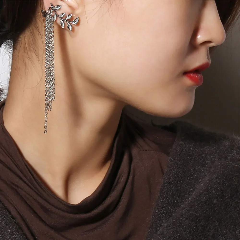 

Brincos Fashion Unique Design Punk Rock Silver Long Chain Tassel Pendant Exaggerated Statement Leaf Dangle Earrings for Women