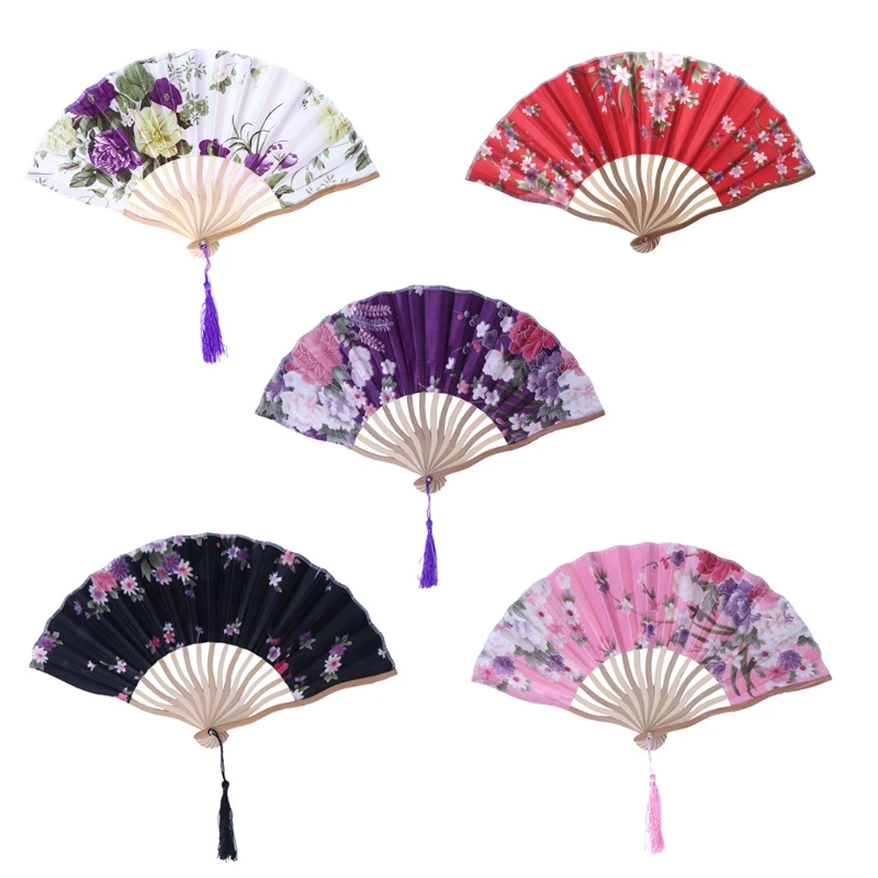 

Summer S-shape Folding Hand Fans Blossom Flower Print Pocket Craft With Tassel