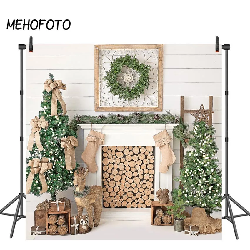 

Christmas Fireplace Photography Backdrop Wood Floor Xmas Tree Child Photo Background Photographic for Photobooth Studio Props
