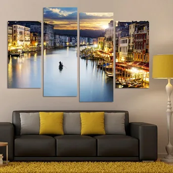 

JIE DO ART 4 Panel Modern City Painting Decor Pictures Printed Venice Night Landscape Paintings Canvas Pictures for Living Room