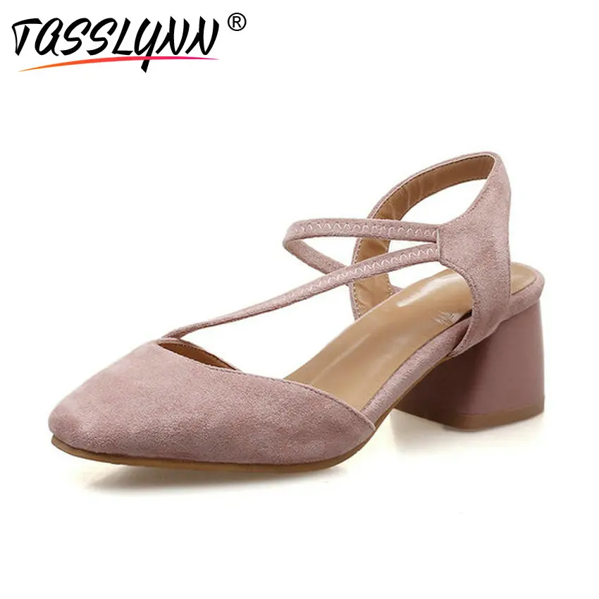 

TASSLYNN 2018 Women's Shoes Square Toe Women Pumps Slip on Cross-tied Square High Heels PU Suede Shallow Ladies Shoes Size 34-43