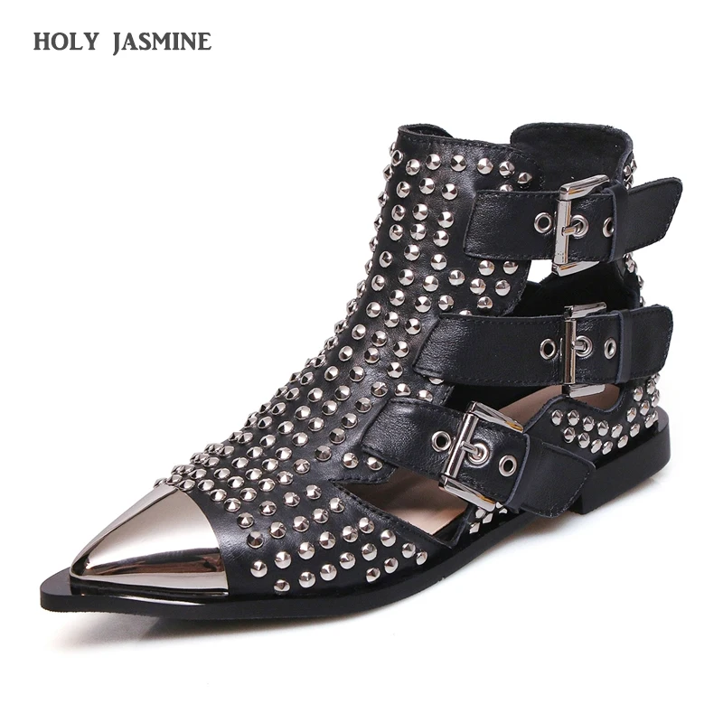 

New Brand Fashion Buckle Genuine Leather Punk Rivets Motorcycle Ankle Summer Boots Woman Brand Flat Sandals Casual Shoes Women