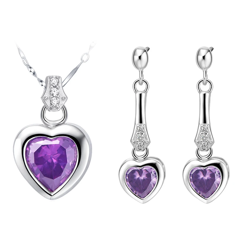 Simulated Diamond Women Jewelry Sets Heart Purple Necklace ...