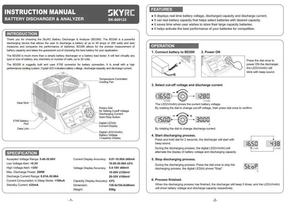 SKYRC BD200 200 Вт 30A батарея разрядник и анализатор для LiPo LiFe LiHV NiCd NiMH Pb батарея