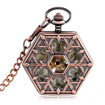 

Women Mechanical Hand Wind Pocket Watch Mouse Carving Hexagon Snowflake Roman Numerals Rose Gold Dress Pendant Men Xmas Gift