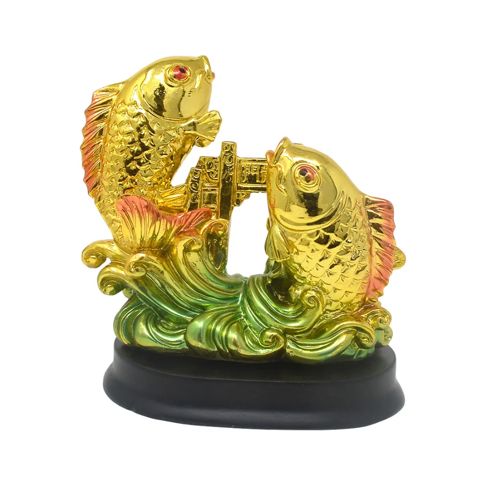 

fengshuisale Feng Shui Gold Resin Double Fish Home Decoration W Red String Bracelet AA567