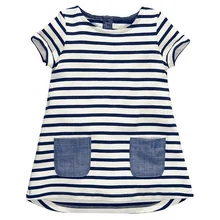 2017 New 1-7 Years Girls Dress Blue Stripe Summer Dresses Cotton Casual Long Tops Kids Clothing KF047