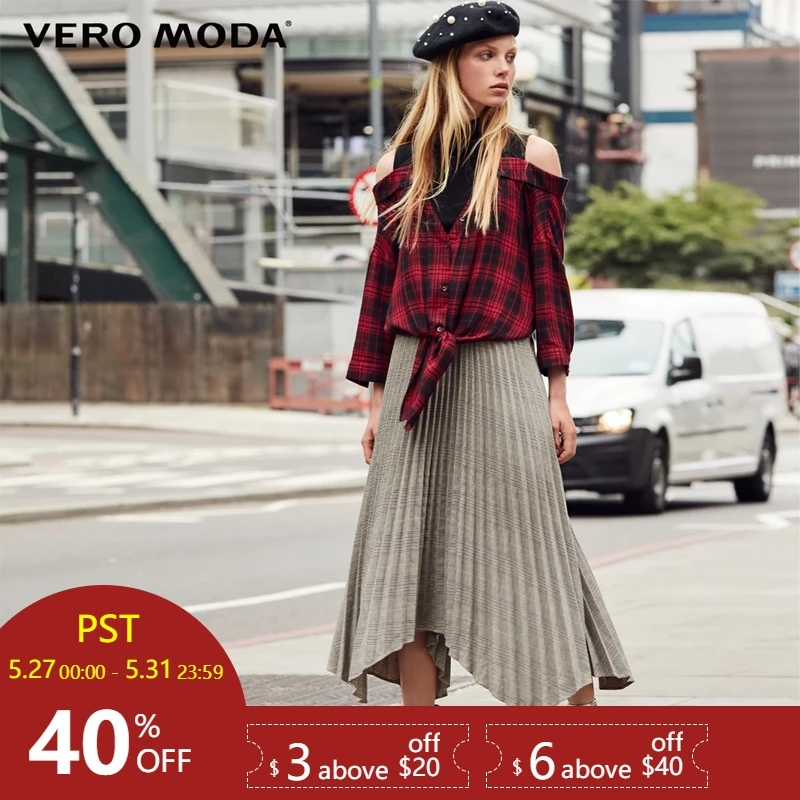 

Vero Moda Fall Undulated Hemline Houndstooth Pleated Long Plaid Skirt | 318316511