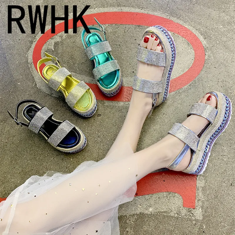 

RWHK 2019 summer new rhinestone retro straw typed buckle with thick bottom muffin and open toe sandals women's shoes B107