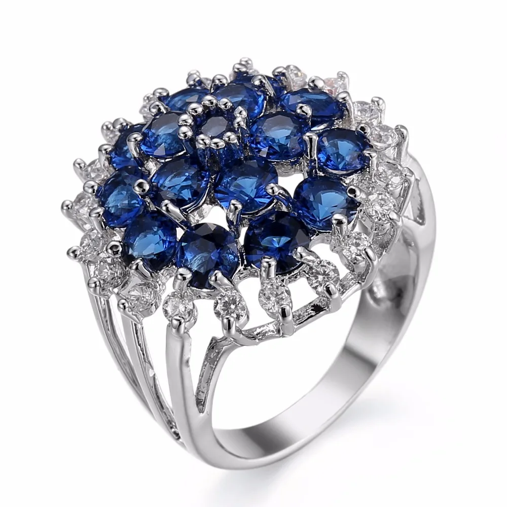 Top Quality silver round cut Blue CZ Cubic Zirconia wide Ring Bague