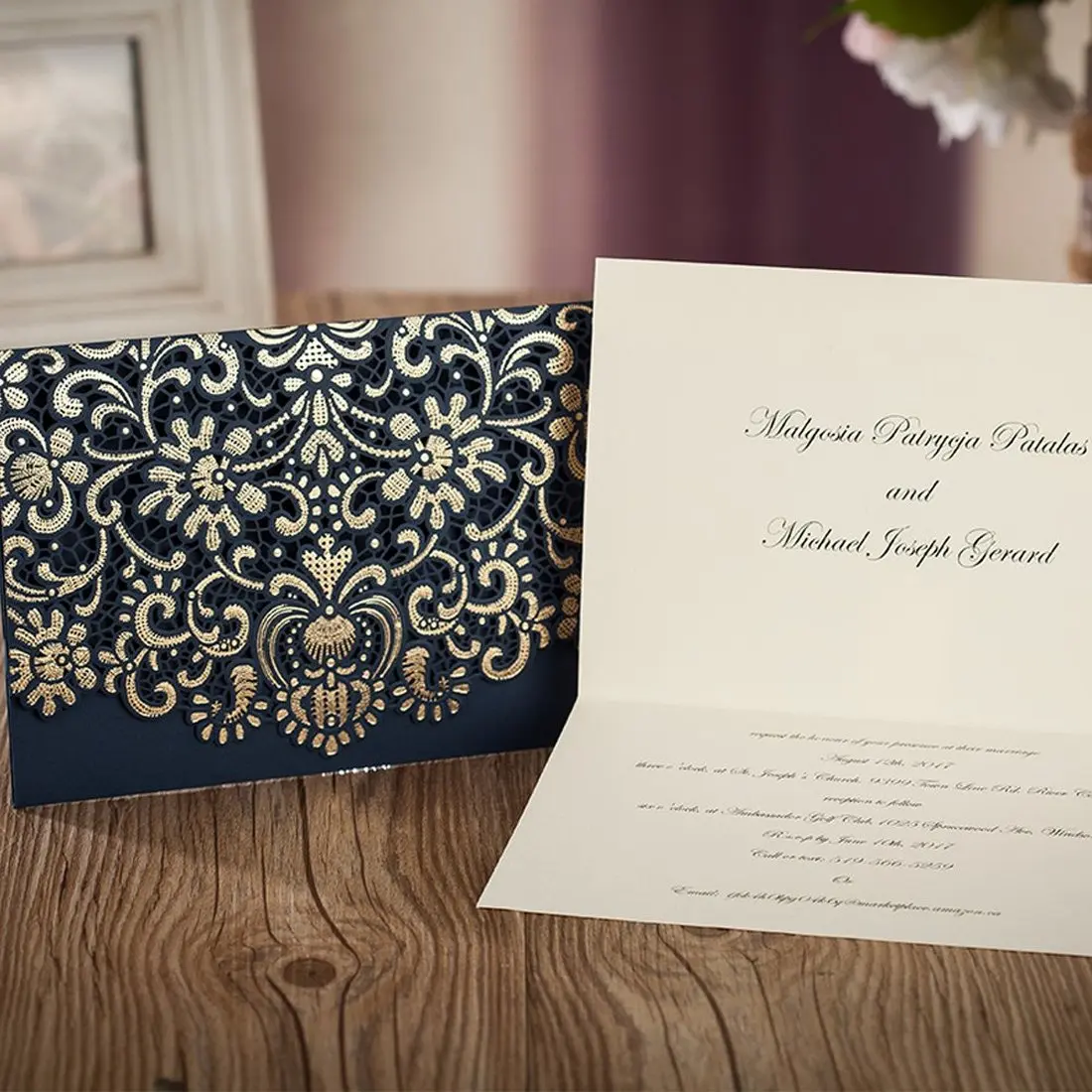  Gold Pattern Navy Blue Laser Cut Invitations Printable Invites with Envelopes for Anniversary Holid - 32992723321