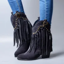 Продвижение Винтаж круглый носок, средний каблук пинетки Mujer украшение в виде бахромы ботильоны ковбойские ботинки вечерние призвание Туфли под платье Для женщин