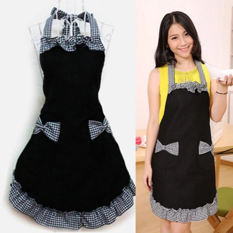 Adjustable Lovely Lace Work Apron Kitchen Cooking Women Ladies Lace Sexy Aprons with Bow Knot Pocket Kitchen Bib Apron for Women
