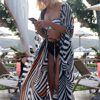 

2020 Summer Zebra Stripe Swimwear Cover Ups Bikinis Plus Size Beach Dress Tunic Women Long Chiffon Cardigan Cover-up Beach Wear