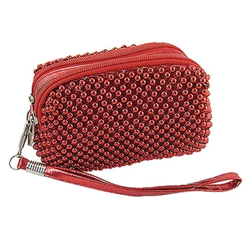 

Women Zipper Closure Red Mini Beaded Purse Bag for Lady