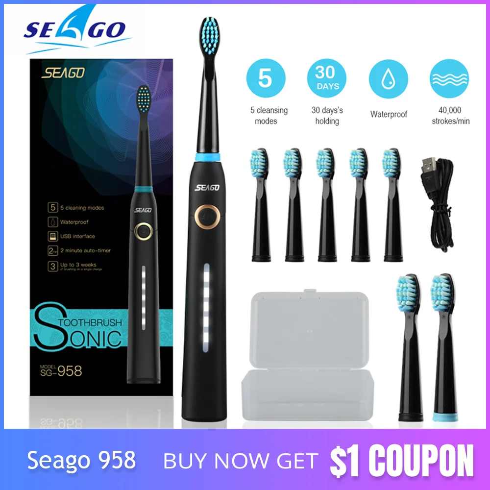 

Seago Sonic Electric Toothbrush Timer Brush USB Rechargeable Electric Tooth Brushes with 3pcs Replacement Brush Head SG 958