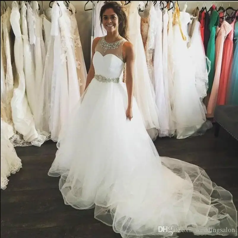 

Stunning Tulle A-Line Dress With Sash Attached with Beading Crystal Sheer Jewel Neck Zipper Back Retail New Design Custom Made