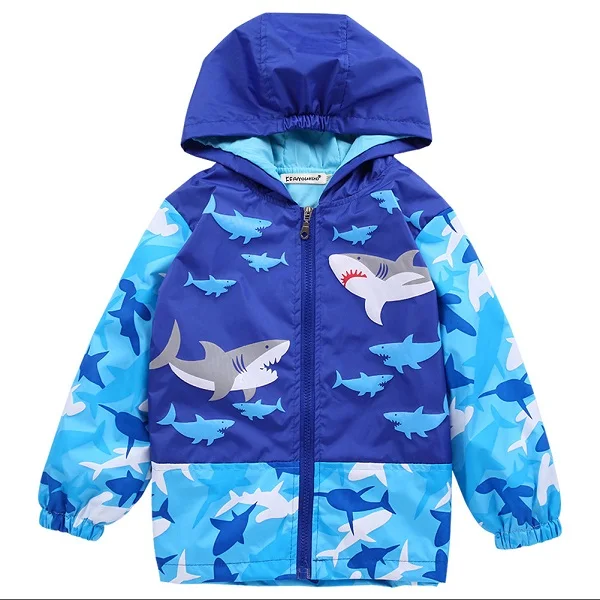 Тренч для мальчика пальто защита от ветра, от дождя куртка спорт мальчик акула мультфильм с капюшоном ветровка для Тренч детская Корейская куртка для мальчиков - Цвет: Синий