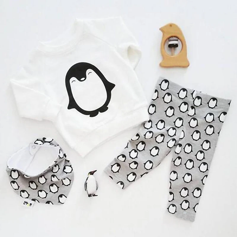 Модная одежда для маленьких девочек, комплект из 2 предметов(футболка с длинными рукавами с милым принтом пингвина+ штаны), комплект одежды для маленьких мальчиков и девочек, одежда для новорожденных мальчиков