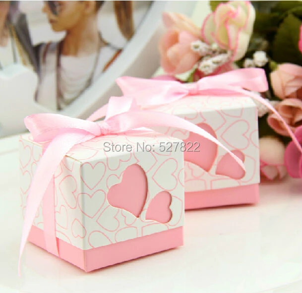 small gift bags Wholesale New 100PCS Pink Double Heart Square Wedding Favors Box Candy Boxes With Ribbon Wedding decoration  Free Shipping large bubble wrap