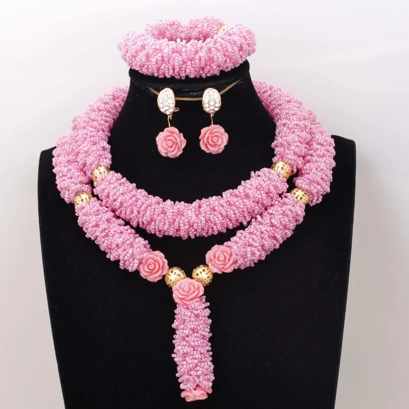 

4UJewelry Peach Bridal Jewelry Set For African 2 Rows Bold Design Nigerian Beads Necklace Crystal Handmade Free Shipping 2019