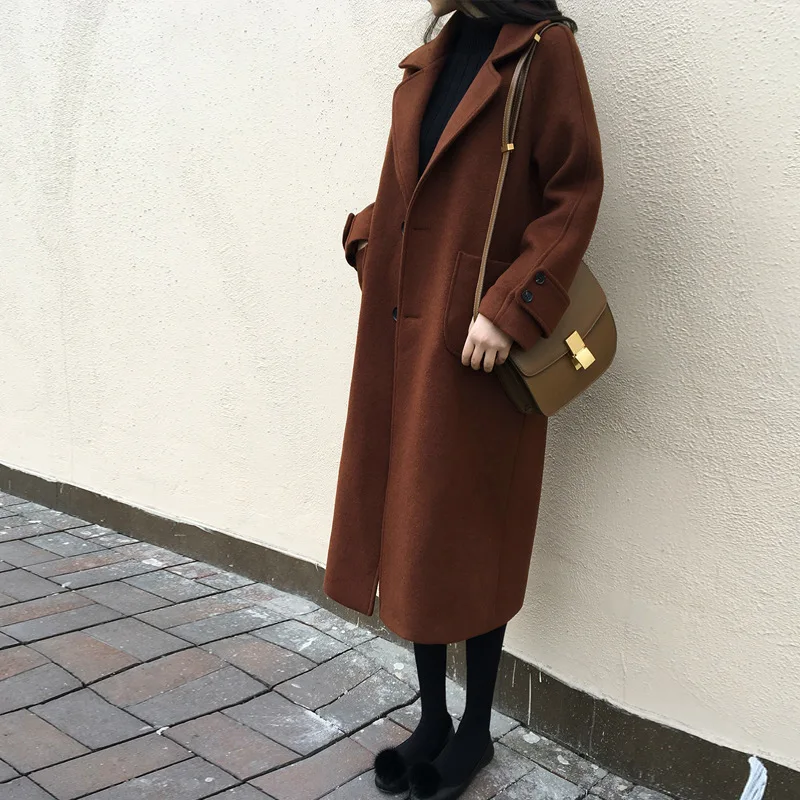 

High Quality Elegant Woman Wool Winter Coat Sexy Lady Slim Woolen Long Cashmere Coats Cardigan Overcoat Outwear