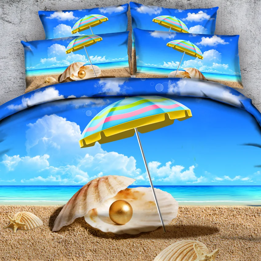 

Royal Linen Source 4 Parts Per Set Golden Pearl Beach Treasure 3d summer theme bed set with 3d Bed Cover Bed sheet Set
