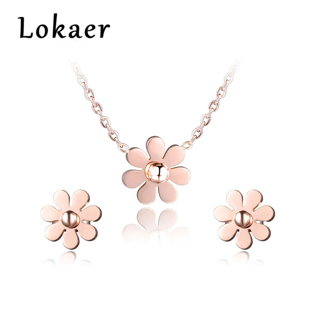 Lokaer 316L нержавеющая сталь Ослепительная ромашка цветок чокер ожерелье и серьги наборы розовый золотой цвет милый набор ювелирных изделий для женщин