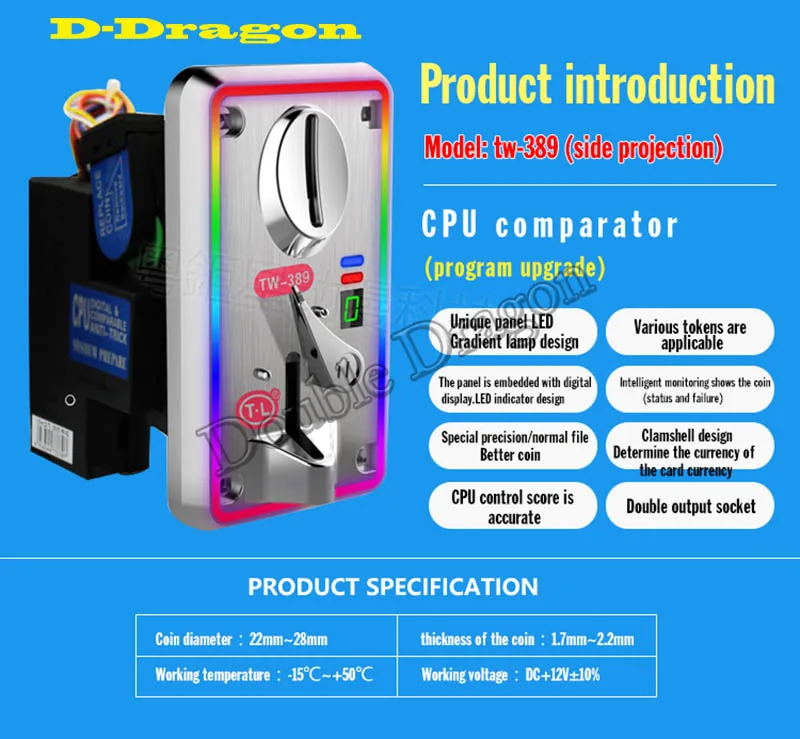 

TW-389 Electronic Coin Acceptor CPU Comparison Comparator Mechanism Multi Coin Selector With LED Front Panel Display Accuratly