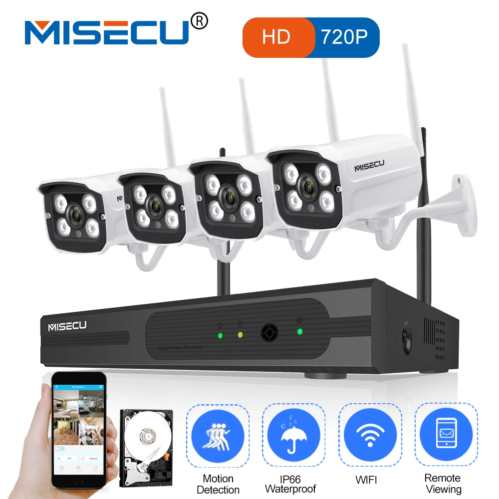 

MISECU 4CH NVR Wireless CCTV System 720P HD WIFI IP Camera Audio Record Outdoor Waterproof Night Vision P2P Security Home Kit