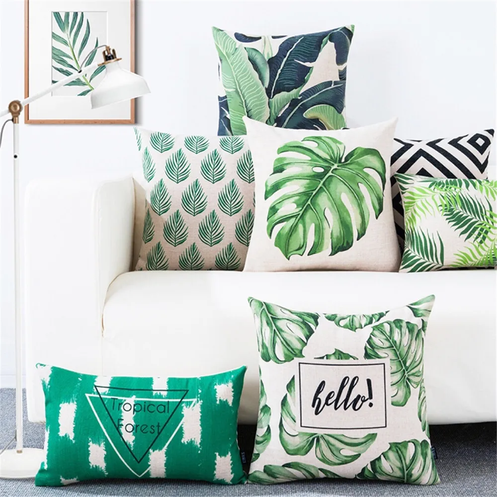 

Nordic style decorative throw pillow case green leaf Tropical plant lumbar pillow car cushion office sofa pillow bed backrest