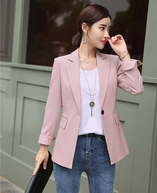 Blazer informal a rayas verticales para mujer, ropa de trabajo femenina, de color rosa _ - AliExpress Mobile