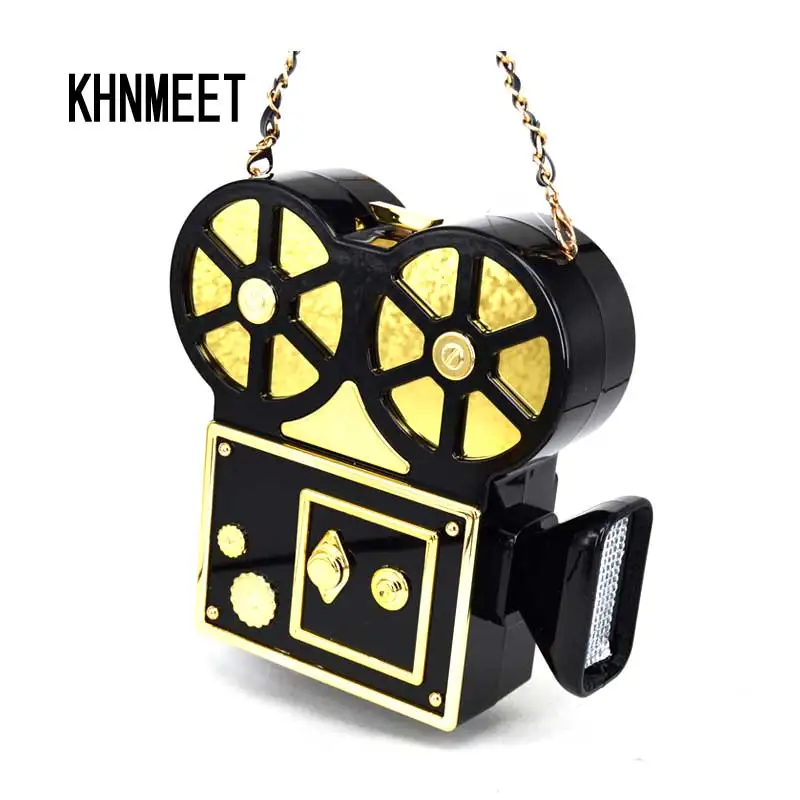 

Personality vintage vidicon funny projector plastic black chain shoulder bag ladies handbag party purse clutch bag crossbody X69