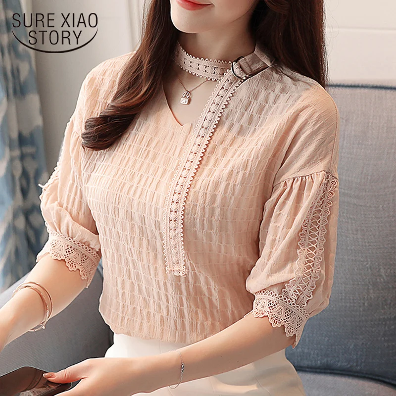 

New 2018 Summer Women Shirts Chiffon Short Sleeve Female Blouses Sweet Fresh Fairy Tops Pink Sweet Loose Lace Tops D657 30