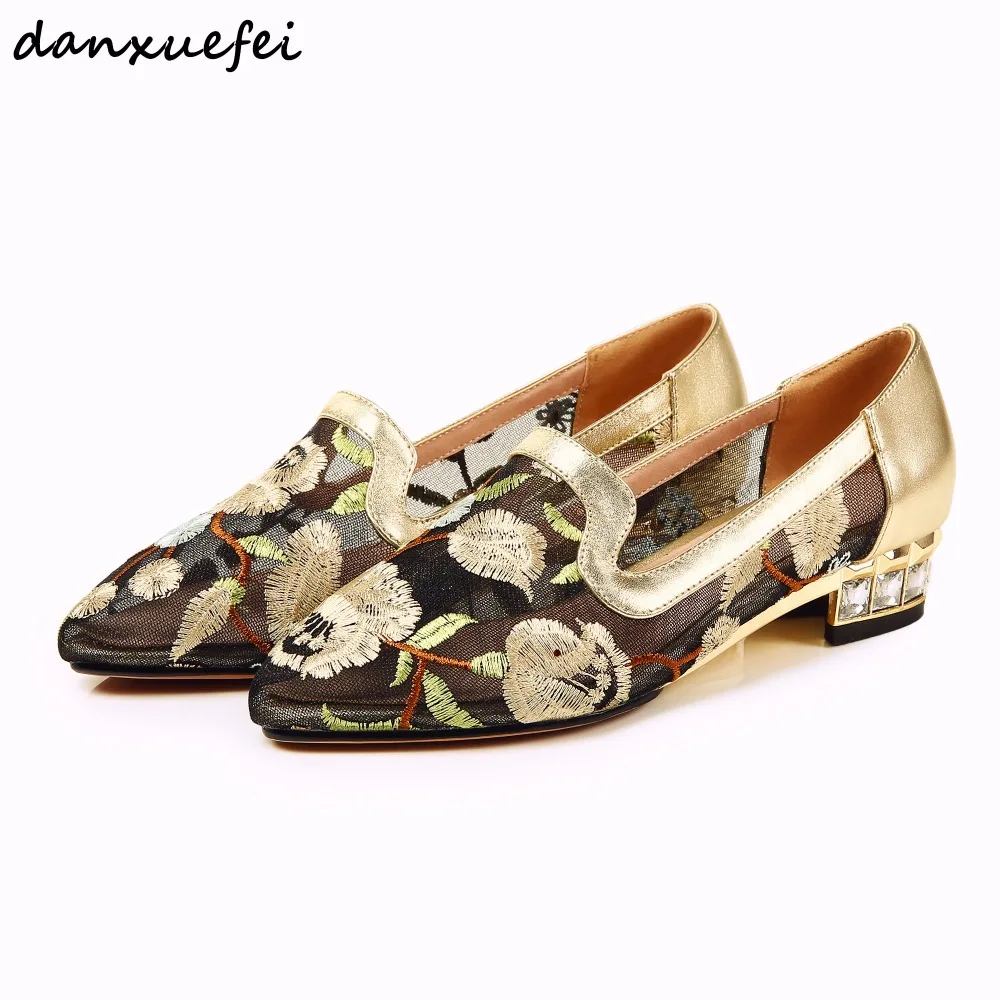 

4 Color Plus Size 33-43 Women's Mesh Embroidered Flowers Slip-on Flats Genuine Leather Bordered Rhinestone Heel Summer Shoes Hot