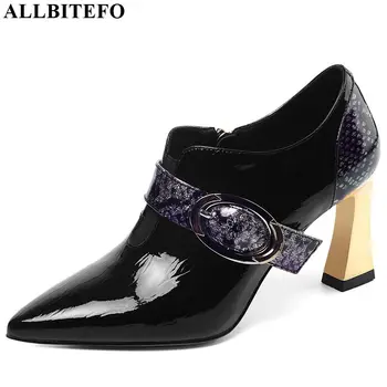 

ALLBITEFO fashion buckle genuine leather women heels sexy ladies high heel shoes spring autumn Metal Decoration high heels