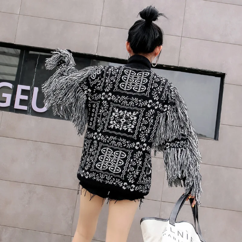 [EWQ] autumn winter new long sleeve Tassel Loose Fashion Trend Women Pullovers Knitted Coat large size Wool sweater QK41401