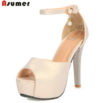 

Asumer 2020 Summer shoes peep toe buckle solid pu women ssandals fashion platform high heels shoes contracted big size 32-45