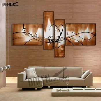 

Abstract Hand Painted Oil Painting on Canvas for Living Room Wall Art 4 Panels Brown Abstract Lines Pattern Painting No Frame