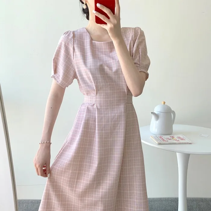 Винтажные платья,, женское летнее милое платье с коротким рукавом в корейском японском стиле, голубое розовое клетчатое платье 6815