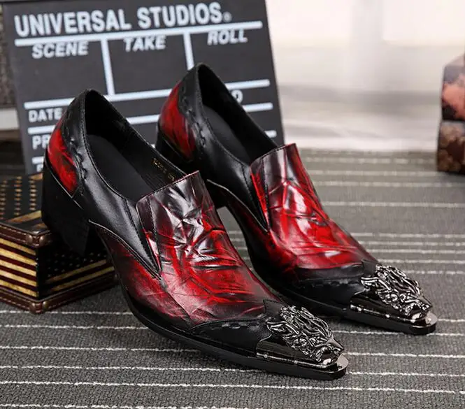 Fashion Pointed Metal Toe Red Genuine Leather Men Dress Shoes Slip-on Chunky Heel Party/Wedding British Style | Обувь